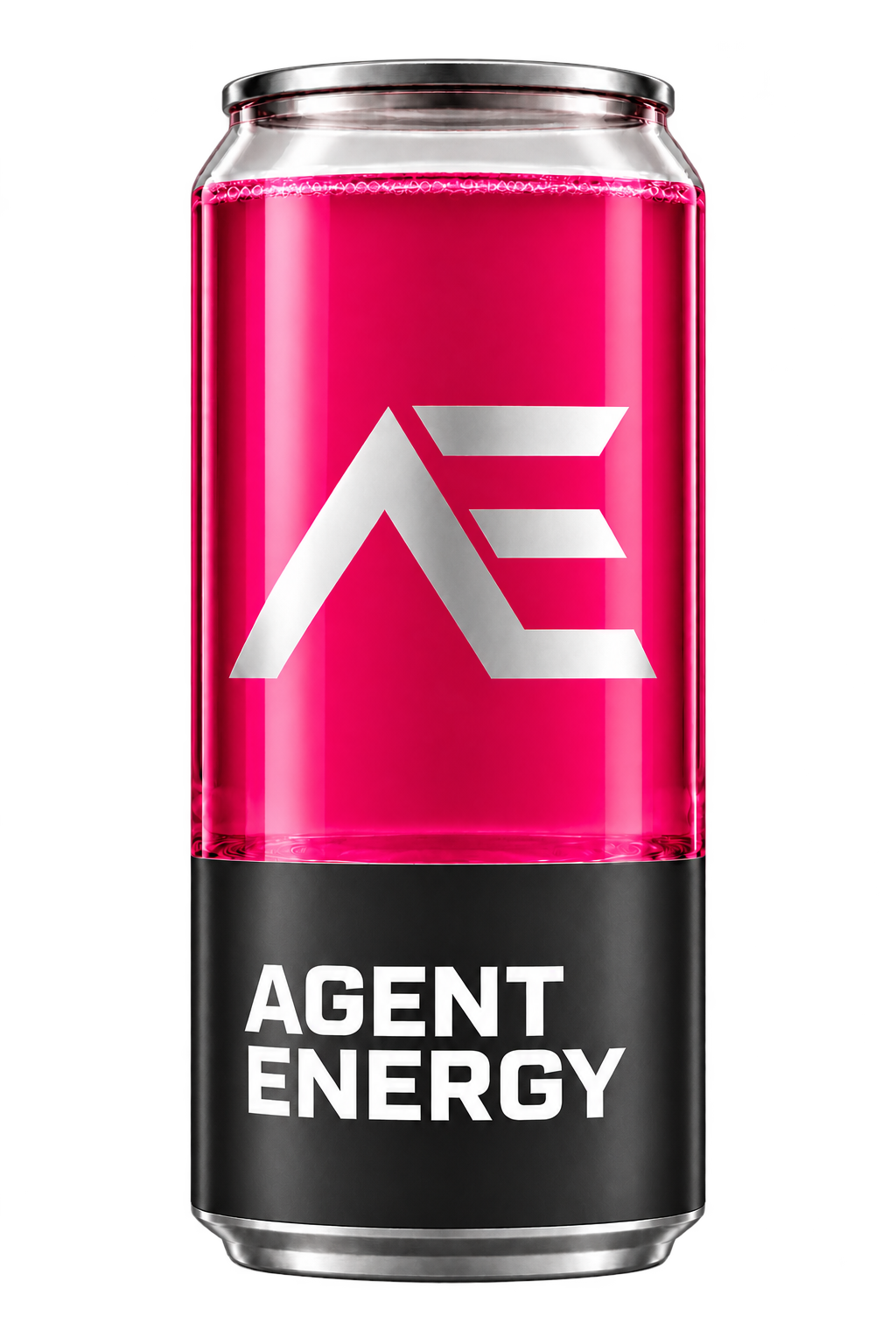 Clear Agent Energy can with pink liquid, a silver AE mark, and a charcoal base